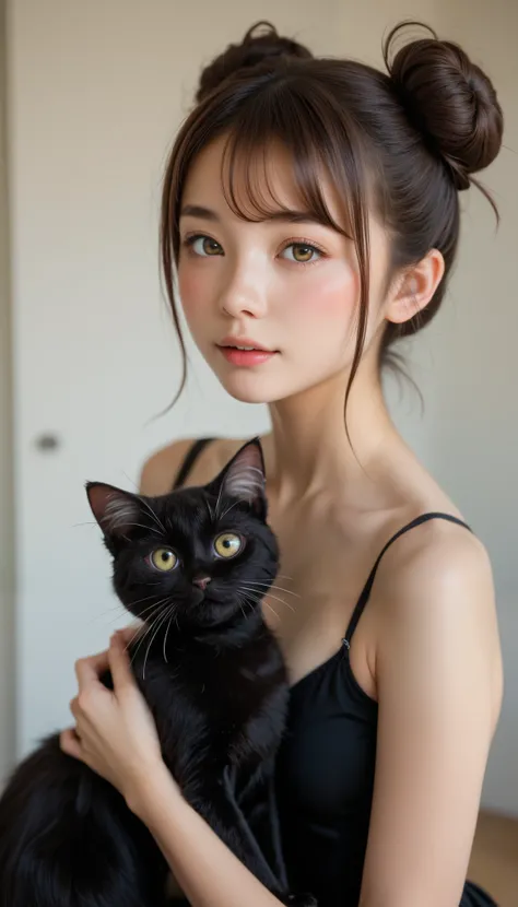 top quality、 Black Catを抱く girl、cute *********** girl、 bun hair with brown hair 、 Black Cat、 natural look、Long Hit、 natural light