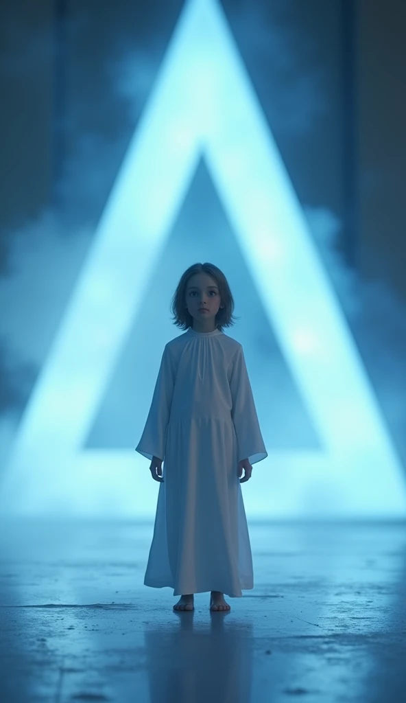 A young boy, appearing to be around , standing on a futuristic stage illuminated by dramatic blue lighting that creates a mystical atmosphere. The boy has features resembling Jesus, with shoulder-length brown hair and a serene expression, wearing simple, l...