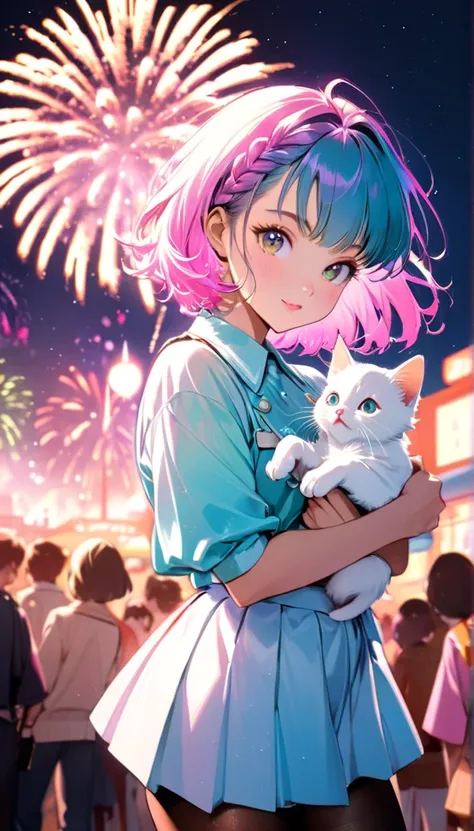  the prettiest girl in the world、( best quality:1.2,  Very detailed, Latest,  vibrant ,  High Contrast , masterpiece:1.2,  best quality,  best aesthetics),  girl, (( Poses holding a cute kitten :1.4)),  colorful hair,Short bob ponytail with braids ,  paste...