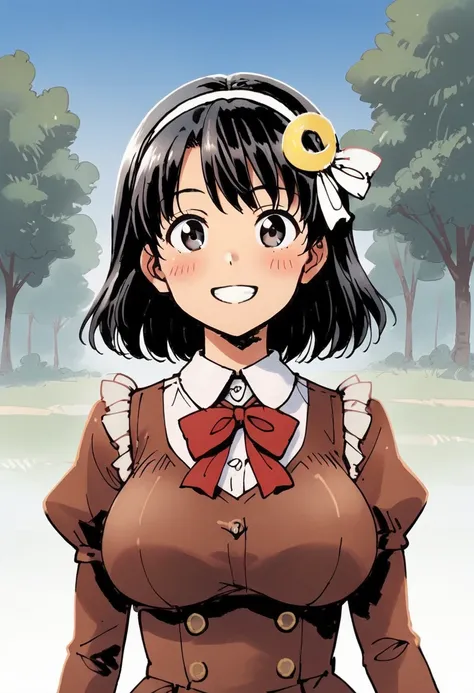 score_9,score_8_up,score_7_up,score_6_up BREAK official art,solo,outdoors,upper body,(portrait:1.5),looking at viewer,facing viewer,smile,blush,Takahashi Yuuka,medium hair,black hair,crescent hair ornament,white hairband,hair ribbon,white ribbon,bangs,red ...