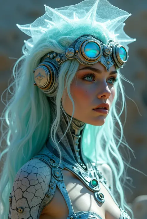 Ethereal Cyborg Woman, bioluminescent jellyfish tiara. Steampunk goggles merge with translucent tentacles. Cracked porcelain skin meets iridescent scales. Mechanical implants and delicate tendrils intertwine. Human characteristics with an otherworldly glow...