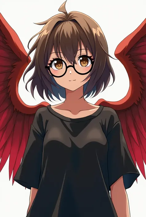  anime girl image,  with brown hair ,  brown eyes and one part black,  wears black circular lenses, has big red wings, He wears a loose black shirt 