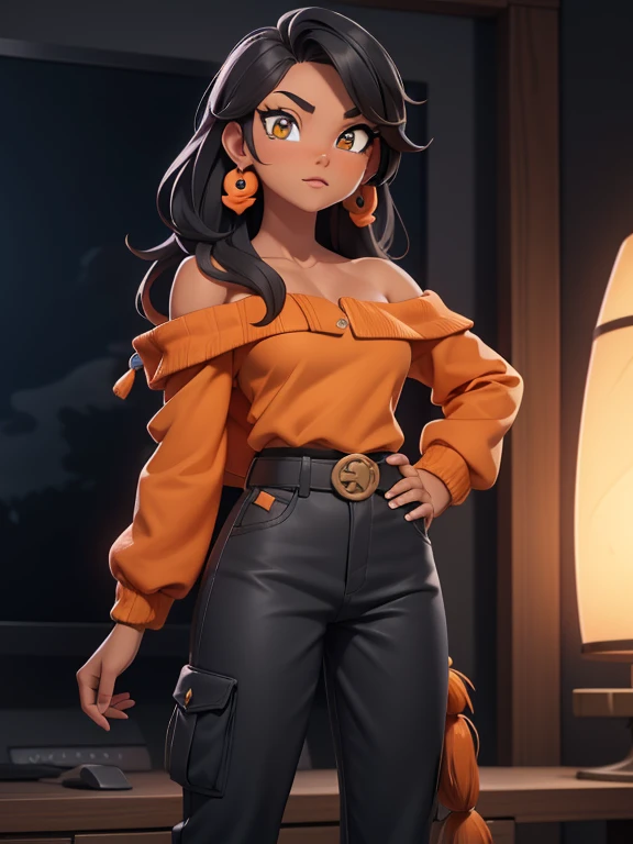 score_9, source_cartoon, 1girl, solo, Mixed race Navajo-Latina woman, tan-bronze skin, athletic physique, muscular, amber eyes, short black hair with two strands of long hair, two orange feathered hair ornaments, black jacket, orange off-shoulder top, belt...