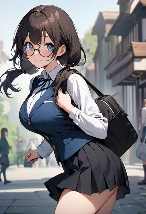 ( masterpiece , top quality:1.2),  1 girl, Alone,  Expressive Eyes , Walking with a student bag on his shoulder ,  straight hair,  dark hair twintails, Round Glasses, ((( Perfect Face Girl Walking With Her Student Bag On Her Shoulder))),  Big Breasts High ...