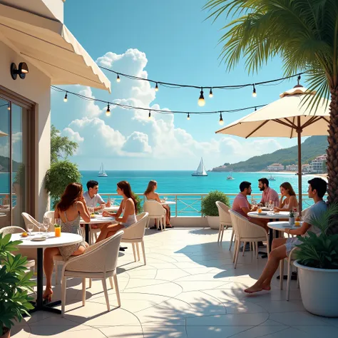 A stylish seaside cafe terrace where you can enjoy relaxing jazz and bossa nova music while looking out at the sea.