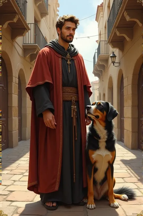 Young Christian priest with dog in Seville during the Middle Ages