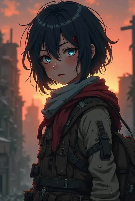 An anime-style girl in a post-apocalyptic world. She has short, messy black hair with streaks of dark red, and her eyes are a piercing pale blue, glowing faintly. Her skin is pale, with a slight hint of dirt, as if she’s been surviving in a desolate landsc...