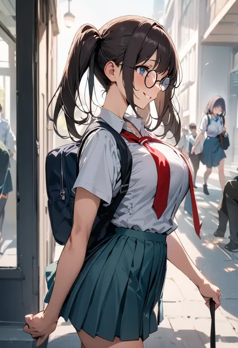 ( masterpiece , top quality:1.2),  1 girl, Alone,  Expressive Eyes , Walking with a student bag on his shoulder ,  straight hair,  dark hair twintails, Round Glasses, ((( Perfect Face Girl Walking With Her Student Bag On Her Shoulder))),  Big Breasts High ...