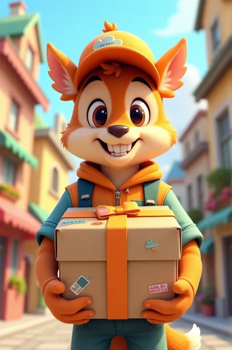 Happy messenger with package in his hands cartoon