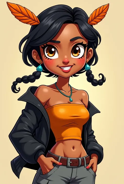 Cartoon, Mixed race Navajo-Latina woman, tan-bronze skin, athletic physique, muscular, amber eyes, short black hair with two strands of long hair, two orange feathered hair ornaments, black jacket, orange off-shoulder top, belt, gray cargo pants
