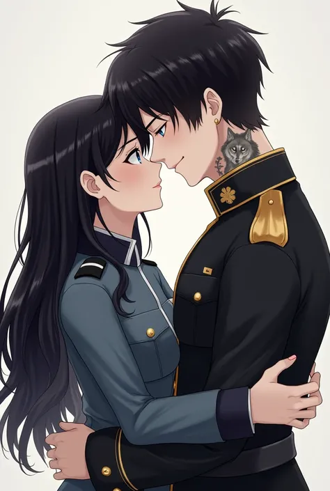 Create the image of a human woman with long black hair ,  blue eyes and dressed as a lieutenant and a black-haired man with gray eyes with a wolf tattoo on his neck and dressed as a colonel hugging each other from the front 