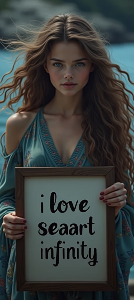 Beautiful girl with wavy long hair, bohemian dress, holding a white board with text "I Love Seaart Infinity" and showing it to the viewer