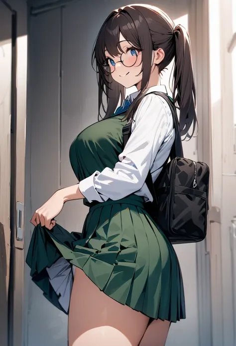 ( masterpiece , top quality:1.2),  1 girl, Alone,  Expressive Eyes , Walking with a student bag on his shoulder ,  straight hair,  dark hair twintails, Round Glasses, ((( Perfect Face Girl Walking With Her Student Bag On Her Shoulder))),  Big Breasts High ...