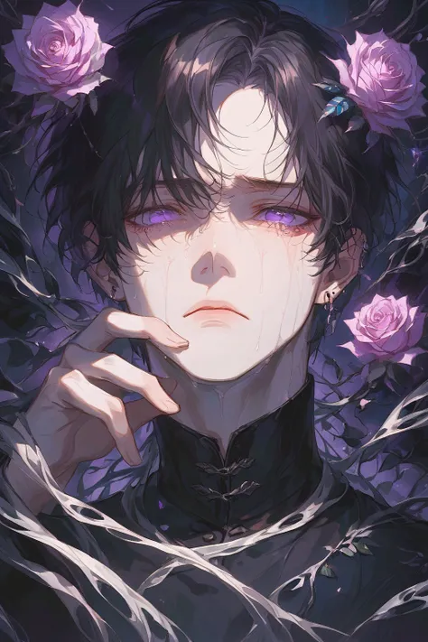 (outrageous, high-resolution, ultra-precise), (man), single, handsome, detailed eyes and detailed faces, visual art, mysterious, black hair, purple eyes, (boy), black knight, silver earring, black dress, tangled black rose vine background, soft eyes, short...