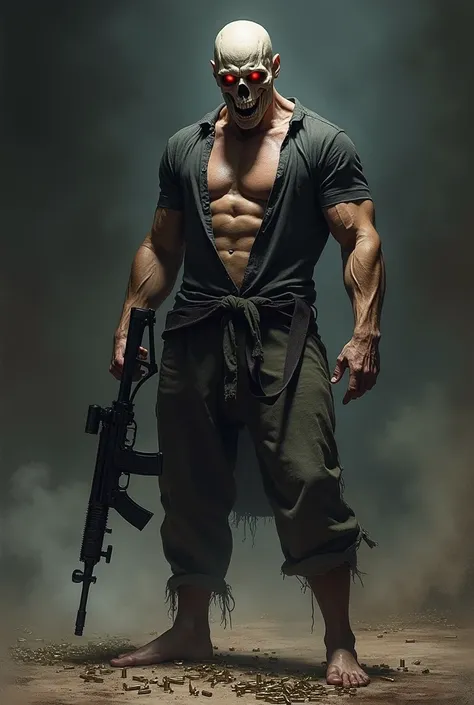  Hyperrealistic drawing of a muscular man screaming in despair. with the face of a skull and a hood , dark and very torn clothes , open t-shirt, Ojos rojos.  Its nighttime and its in an area of enemy fire . Wield an assault rifle with one hand . There are ...