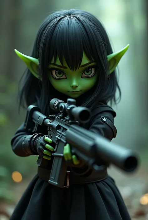 Uma  bem pequena green muito pequena de orelhas pontudas com roupas pretas e um sniper,  black hair , green, mini, woman