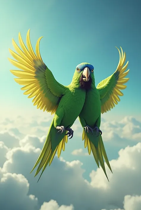 two parrots in the sky ,  one with a blue head and a green body, The other one in green with Jesus Christ 