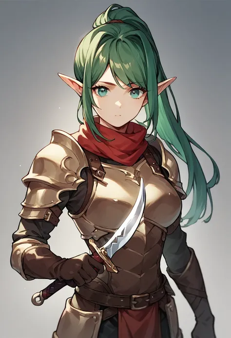 score_9, score_8_up, score_7_up, score_6_up, score_5_up, score_4_up, (source_anime), green hair, elf, high ponytail, teal eyes, brown black white leather armor, red neck scarf, 1girl, solo, dagger