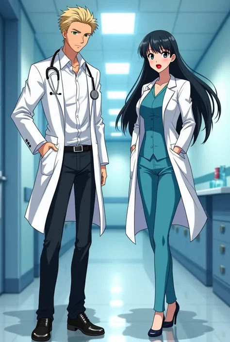  Two characters a 35-year-old blond male doctor wearing a white shirt white coat black fabric pants black shoes.... 

Next to him is a sexy Asian doctor with long black hair with straight bangs  , de labios carnosos pintados de  rojos bonita figura 90-60-9...