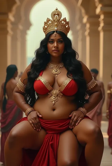 The Malayali goddess woman sits on her servants boys shoulder, women age is 30, large breasts, Wearing micro bikinis, wearing full of ornaments, ornamental bikinis, wearing golden Indian crown on head, Black Hair, full figure, Drunk, walking, reverse shoul...