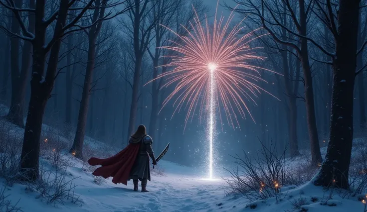 A dark, snowy forest illuminated by a faint crescent moon. A lone Disney-style hero with long, flowing hair and battle-scarred armor strides forward, gripping a jagged, rune-inscribed sword. His cloak flutters as embers rise from the ground. The sky above ...