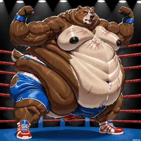 Very Extremely Morbidly-Obese Immobile fluffy Brown Grizzly Bear with unbelievably Very very very Extremely Massive Overhang white Belly, wears shoes, wears full tuxedo suit, Boxing ring, scar on the face, Beautiful Blue eyes, flexing, sweating, bruises, p...