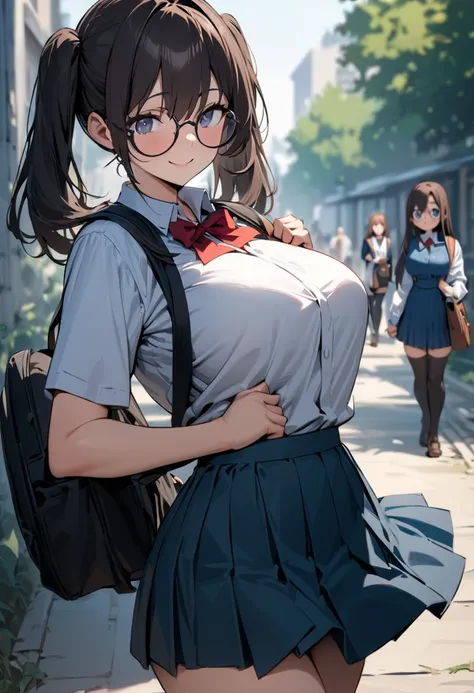 ( masterpiece , top quality:1.2),  1 girl, Alone,  Expressive Eyes , Walking with a student bag on his shoulder ,  straight hair,  dark hair twintails, Round Glasses, ((( Perfect Face Girl Walking With Her Student Bag On Her Shoulder))),  Big Breasts High ...