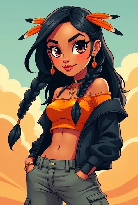 Cartoon, Mixed race Navajo-Latina woman, tan-bronze skin, athletic physique, muscular, amber eyes, neck-length hair, black hair with two strands of long hair, two orange feathered hair ornaments attached to the two strands of hair, black jacket, orange off...