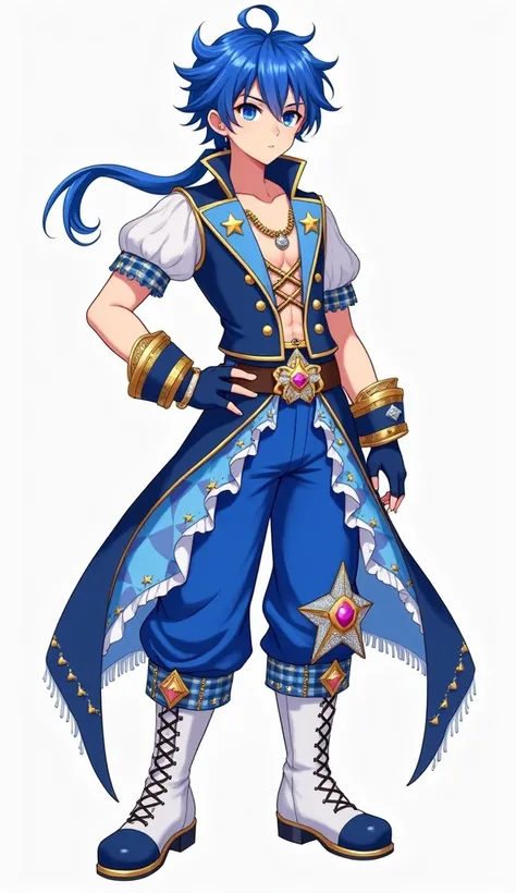 high quality, 8K Ultra HD, Teen Boy Magical Prince Blue Star Idol Themed, with a low-cut top with a white chest lined by gold studs and royal blue ruffles. The bodice is royal blue with two gold stars at the middle, followed by off-white ruffled fabric to ...