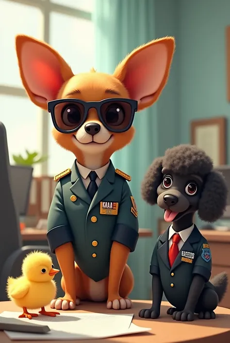  brown chihuahua wearing sunglasses is wearing a military uniform。 Chihuahuas military uniform KAA letters 。 black toy poodle is wearing a suit 。 toy poodles suit RAMO letter 。Theres a chick nearby 。The background is the office。