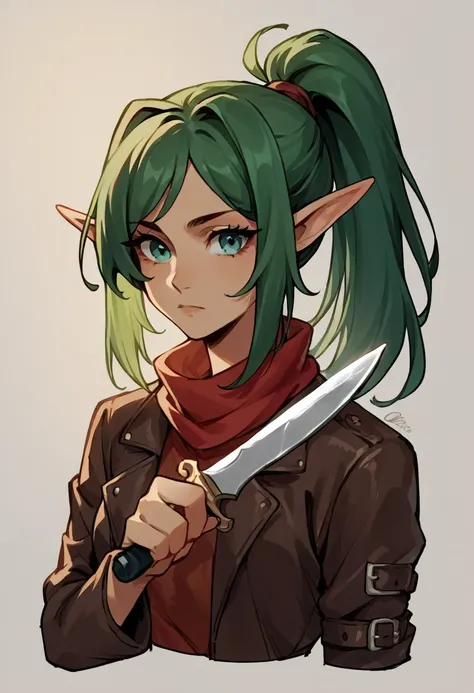 score_9, score_8_up, score_7_up, score_6_up, score_5_up, score_4_up, (source_anime), green hair, elf, high ponytail, teal eyes, brown black white leather bandit outfit, red neck scarf, 1girl, solo, dagger