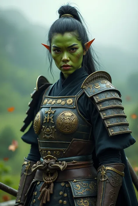 Female half-orc With Green skin, asian traits, samurai armor 