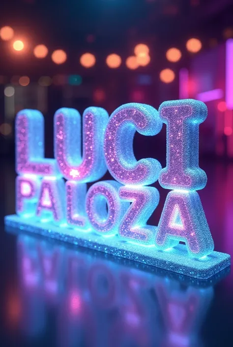  Image in holographic or iridescent letters, Say Lucipalooza ,  electronic party style , letters with rounded shape like globe , head on