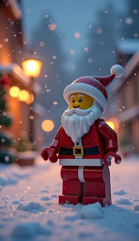 the combination of lego santa claus, evening scene with snow.
