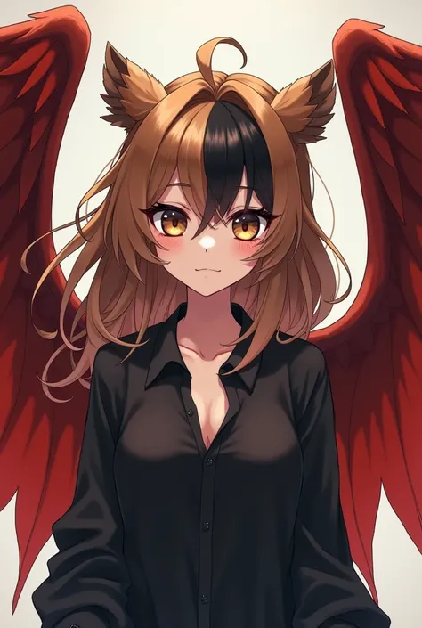  anime girl image,  with brown hair ,  brown eyes and one part black, Use circular black lenses, has big red wings, He wears a loose black shirt 