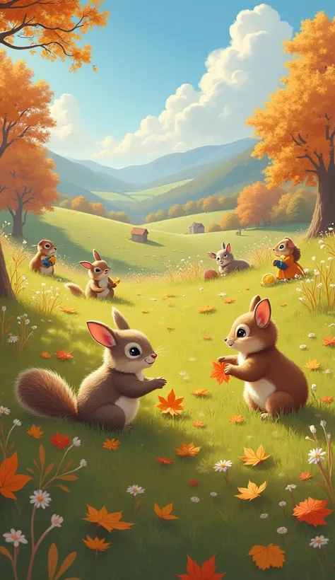  imaginary　grassland　Of the cute fluffy animals　Famous Paintings　Picking up fallen leaves