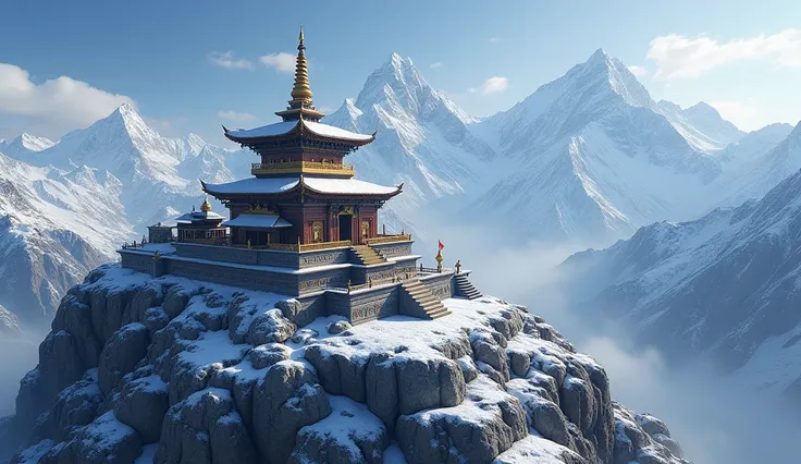 Aerial view of Kedarnath Temple with snow-capped mountains in the background.