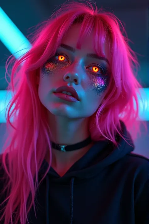 8k quality, masterpiece, ((Ultra detailed background, Intricate details)), best quality, Intricate details, Chromatic Aberration, woman, looking at viewer, neon face paint, bright neon face paint, neon makeup, bright neon makeup, black hoodie, choker, pink...