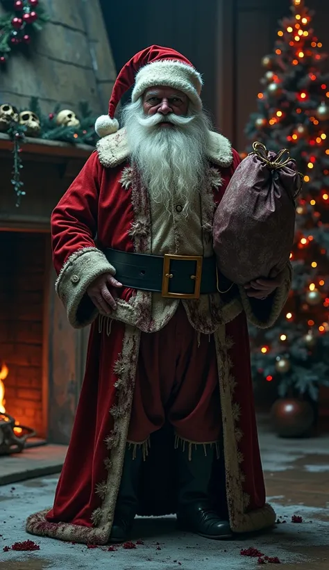 A dark and twisted Santa Claus, wearing tattered and blood-stained clothing, holding a worn-out and sinister gift sack. He stands in front of an unlit fireplace, with a Christmas tree in the background adorned with eerie decorations like skulls and flicker...