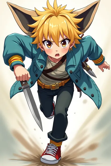 Anime boy with blond hair and brown eyes,  running with a knife with a bow and wearing a blue jacket with crazy ears, black pants and sneakers  
