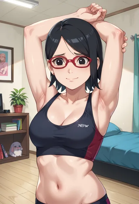 1girl,nsfw,hughres, sarada,short hair,red frame glasses,black eyes,black hair , Worried brow ,smile,,room,Armpit,Armpit wrinkles,Arms up,Stretch,