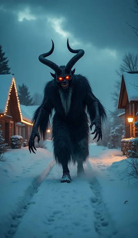 A terrifying figure representing Krampus, with twisted horns, glowing eyes, and sharp claws. He is lurking in a snow-covered village at night, with faintly flickering Christmas lights on the houses. The sky is filled with dark clouds, and there are footpri...