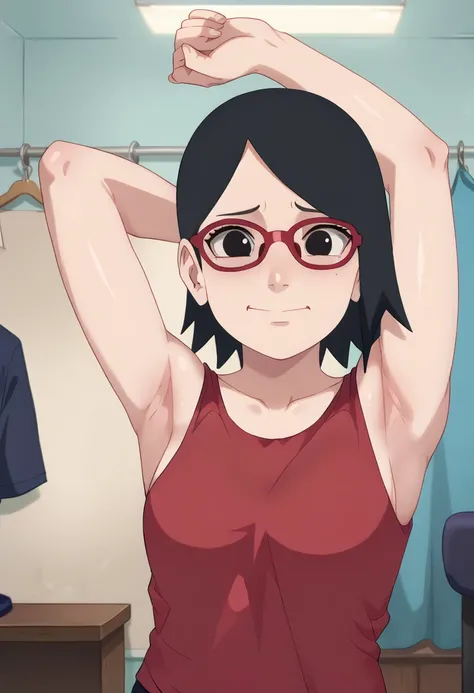 1girl,nsfw,hughres, sarada,short hair,red frame glasses,black eyes,black hair , Worried brow ,smile,,room,Armpit,Armpit wrinkles,Arms up,Stretch,