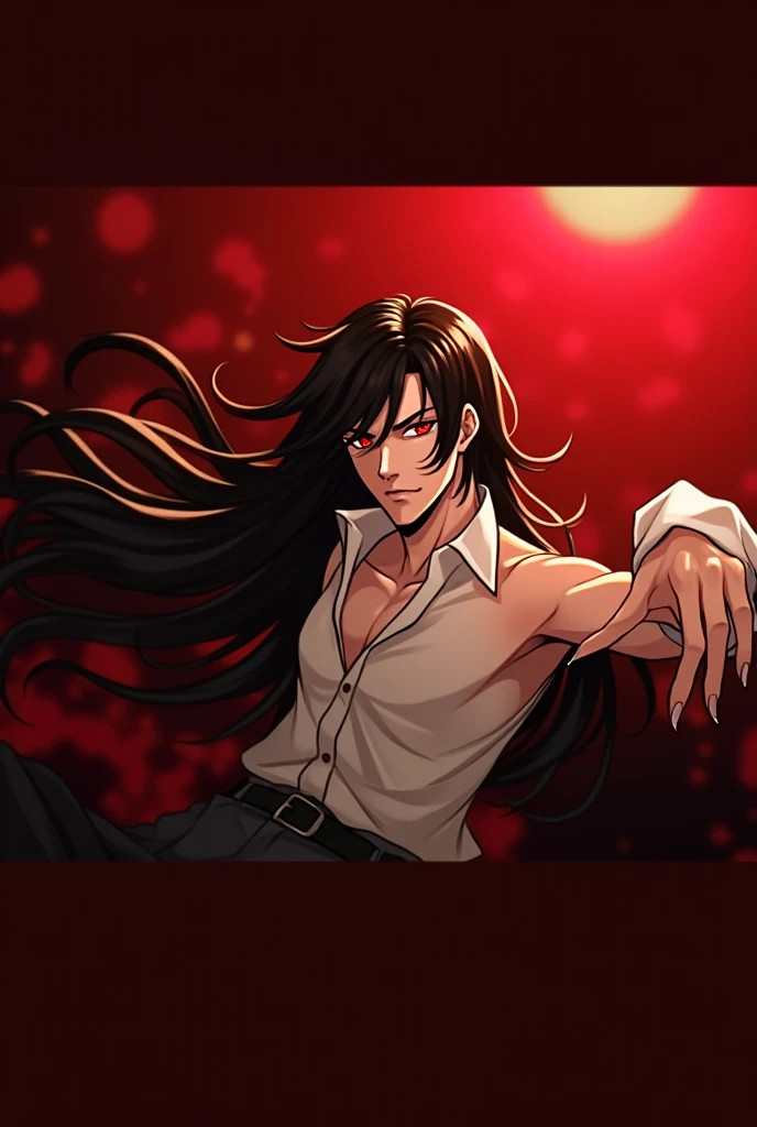 Man, long hair, black hair, straight hair, red eyes, red pupils, white loose clothing, vampire, nocturnal, long fangs, Handsome, beautiful, beautiful appearance, perfect body, anime style, Masculine