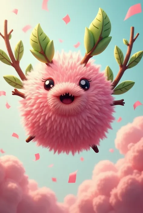 Round hairy pinata that flies in the color pink with leaves behind and branches coming out from behind with pink confetti, small dark and fluffy eyes and an open fluffy mouth with large green leaves behind and without arms and legs