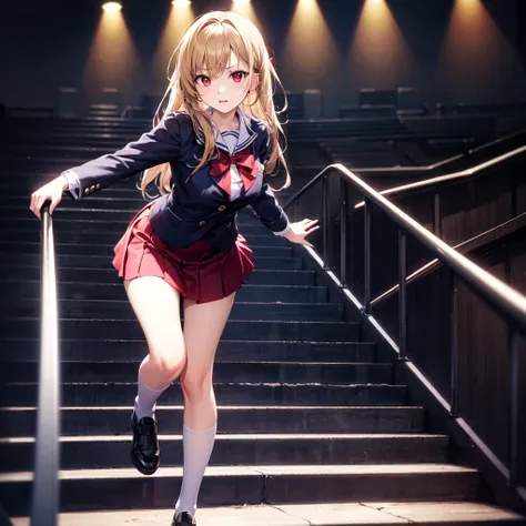 A high school-aged girl is climbing a set of backstage stairs in a theater, heading toward a brightly lit stage. She is mid-step, her expression showing focus and slight excitement. Her outfit flows lightly as she moves, suggesting urgency. The background ...