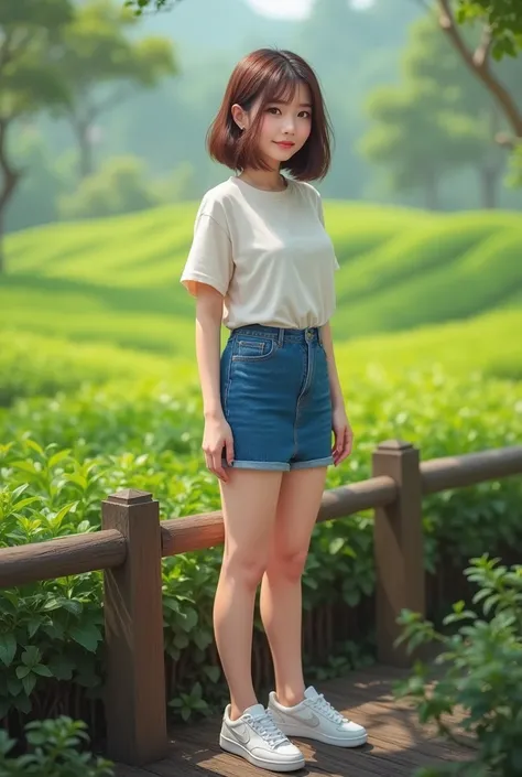 Slightly obese 25-year-old beautiful Asian woman with a neat brown bob wearing a short dress in blue jeans, white Nike shoes standing on wooden fence green tea garden back screen 