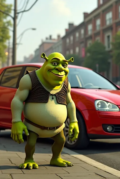 Create a photo of Shrek with a red car in the back make it more meme