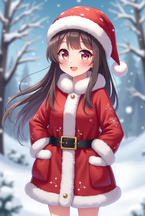 Make a girl in the snowy winter with Santa Claus anime outfit