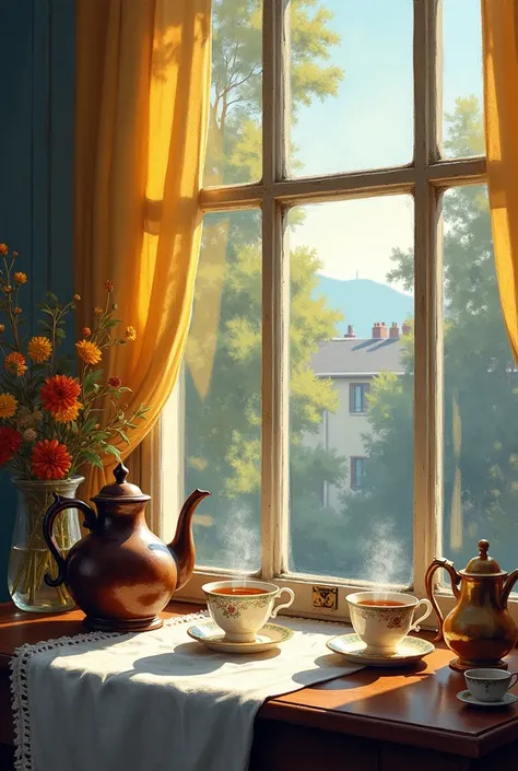 Sunny weather,  Soft Light , Dynamic Lighting Oil Painting Still Life ,  Illustration of an old wide window, On the table next to the window with a view of the outside , , there is a teacup full of teacups and an old organic kettle. The teacups are steamin...